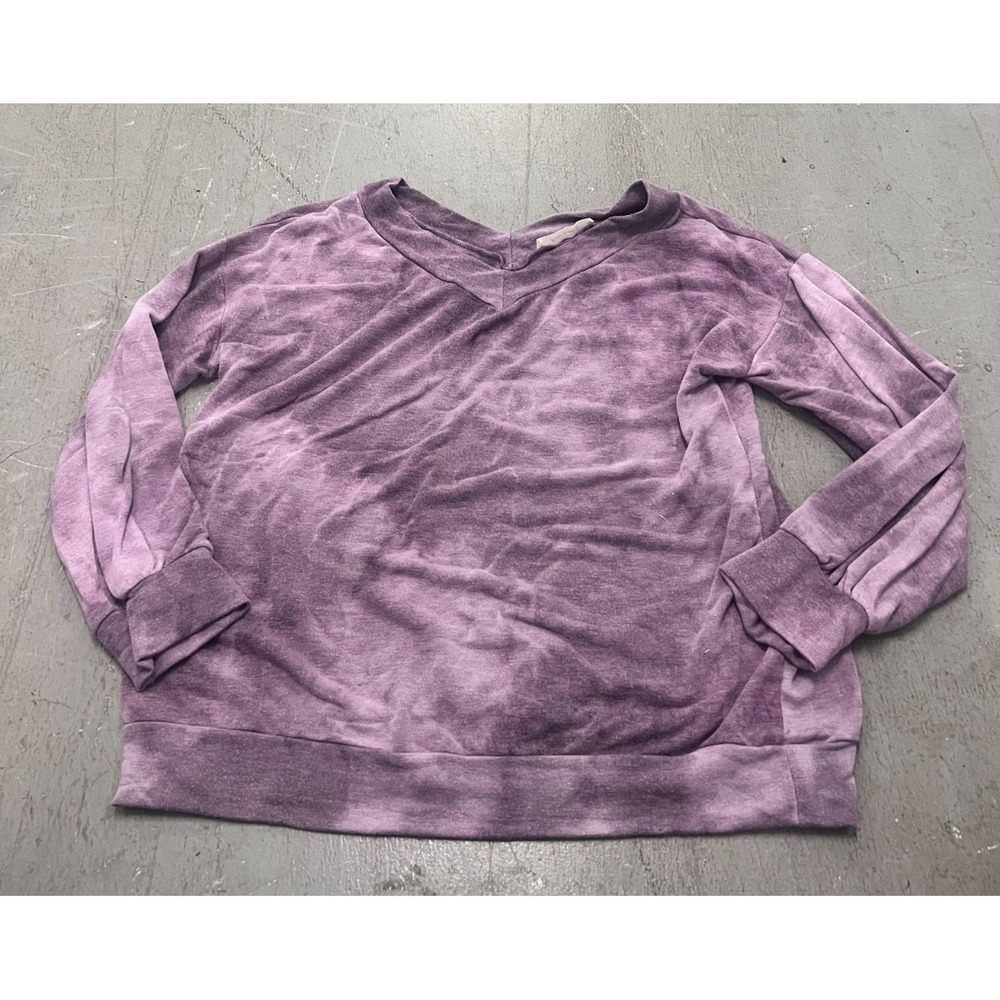 Lime & Chili Sweatshirt Women Purple Tie Dye Stretch V-Neck Rib Hem Cuffs Active